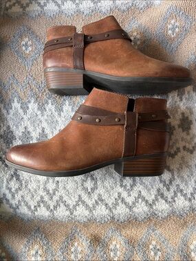 Clarks Brown Leather Ankle Boots with Studded Strap Accent